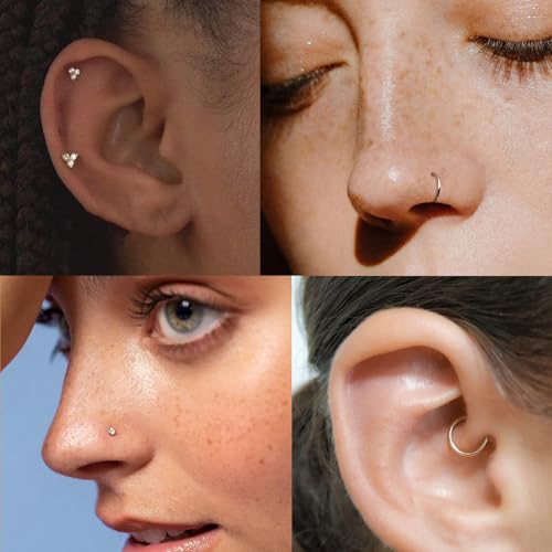 8PCS Titanium Nose Rings Stud, Gold Nose Ring for Women Men Hypoallergenic Nostril Hoops L Shape Nose Studs Corkscrew CZ Nose Piercing Jewelry Silver 18G & 20G Nose Ring Studs 2/2.5/3mm - style: 21Pcs-silver rose gold black