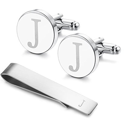 Initial Cuff Links Mens and Tie Clips for Men | Classic Silver Letter Alphabet A-Z Cufflinks and Tie Bar Set, Gifts for Men Father Husband for Formal Business Wedding - style: J