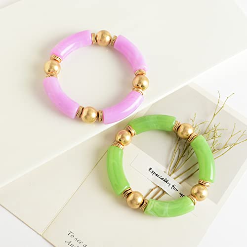 LALAPPLE Gold Plated Beaded Acrylic Bamboo Tube Bangle Bracelets for Women, Colorful Chunky Curved Tube With Gold Plated Pieces Beads Stretch Bracelet Friendship Summer Beach Jewelry - color: T-Light Green&Light Purple 2pcs