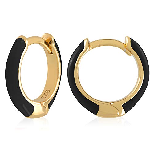 14K Gold Plated Sterling Silver Enamel Color Huggie Hoop Earrings for Women – Wide Range of Vibrant Color Options Available - color: Black
