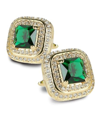 Square Colored Crystal Double Diamond Set Cufflinks - color: Emerald/Gold