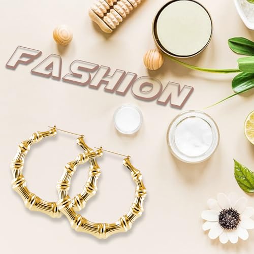 Large Gold Bamboo Hoop Earrings for Women,BigGold Hoop Earrings | 90s 80s Retro Hip Hop Statement Jewelry,90s Accessories Lightweight Thick Gold Hoops for Party/90s Outfit & Daily Wear
