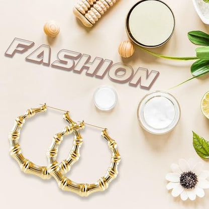 Large Gold Bamboo Hoop Earrings for Women,BigGold Hoop Earrings | 90s 80s Retro Hip Hop Statement Jewelry,90s Accessories Lightweight Thick Gold Hoops for Party/90s Outfit & Daily Wear