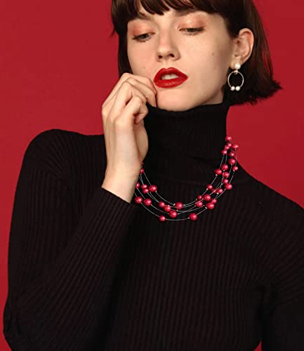 FULU AUTUMN Layered Pearl Necklace Multi-strand Pearl Choker Necklaces for Women Beaded jewelry for Wedding Parties - color: Red