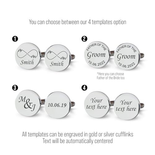Custom engraved cufflinks for men, personalized wedding gift for groom, father of the bride & groom dad, best men, customized gold & silver cufflinks with dates, quotes or couples initials from bride - style: Your own text