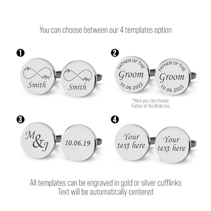 Custom engraved cufflinks for men, personalized wedding gift for groom, father of the bride & groom dad, best men, customized gold & silver cufflinks with dates, quotes or couples initials from bride - style: Your own text