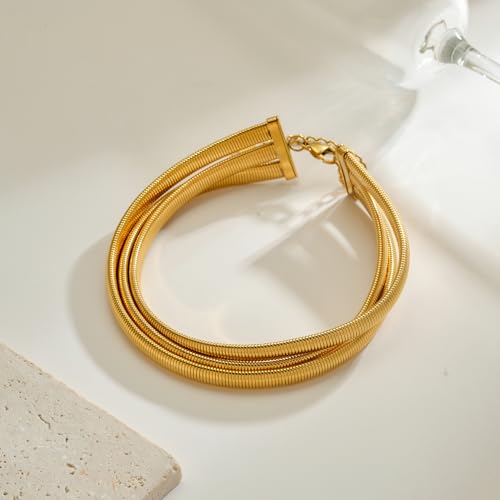 Badu Chunky Gold Stainless Steel Choker Necklace For Women Stretch Snake Shain Non Tarnish Gold Triple Necklace - color: Gold
