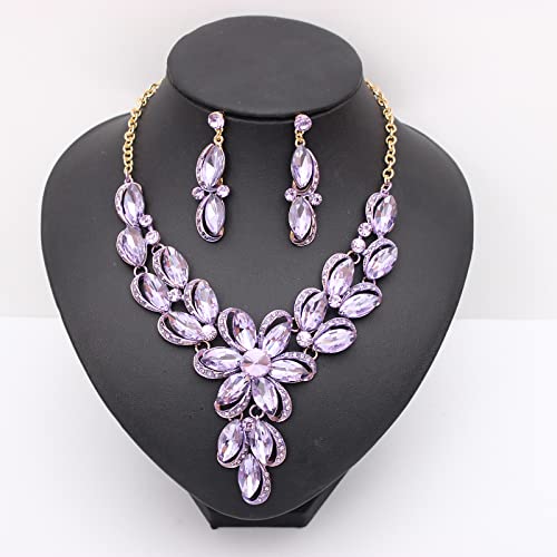Jewelry Set for Women Rhinestone Austrian Crystal Statement Flower Necklace Link Bangle Bracelet Dangle Earrings Rings Allergy Free Wedding Party Jewelry Set for Bridal Bridesmaid - color: Violet-Gold Plated