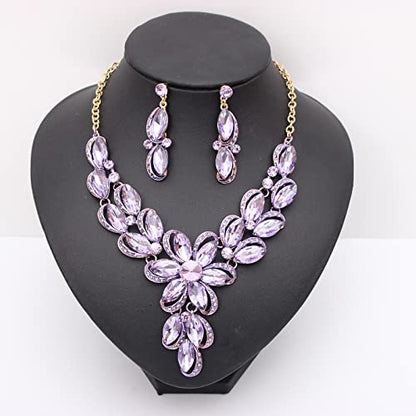 Jewelry Set for Women Rhinestone Austrian Crystal Statement Flower Necklace Link Bangle Bracelet Dangle Earrings Rings Allergy Free Wedding Party Jewelry Set for Bridal Bridesmaid - color: Violet-Gold Plated