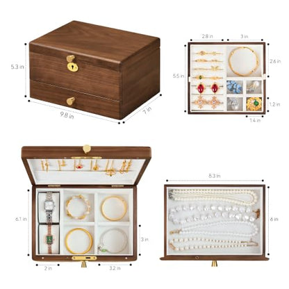 Black Walnut Wooden Lockable Jewelry Box, 3 Layer Organizer for Women | Solid Wood, Drawer, Removable Tray, Lock Key, Necklace Ring Earrings Watch Bracelet Case, Handcrafted, Gifts for Mom, Wome - color: 3 Layer Full Lock