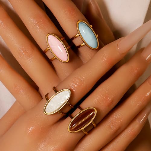 OIDIMS Fashion Geometric Oval Statement Ring for Women Gold-Tone Stainless Steel Dainty Faux Gemstone Adjustable Open Wedding Band Boho Trendy Comfirm Fit Wrap Finger Rings Cocktail Party Jewelry - color: White