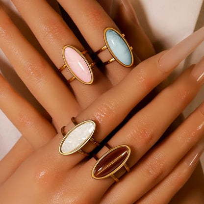 OIDIMS Fashion Geometric Oval Statement Ring for Women Gold-Tone Stainless Steel Dainty Faux Gemstone Adjustable Open Wedding Band Boho Trendy Comfirm Fit Wrap Finger Rings Cocktail Party Jewelry - color: White