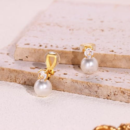 Awinesn Pearl Clip on Earrings for Women 14K Gold Silver Plated Pearl Earrings Cubic Zirconia Non Pierced Earrings for Women Jewelry Gifts Wedding Party - color: CZ-gold-10mm