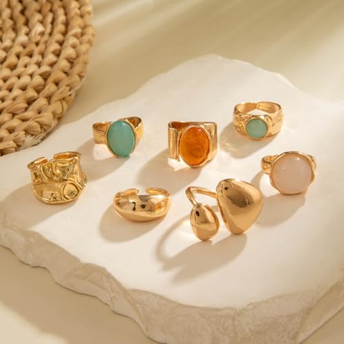 Chunky Gemstone Rings for Women Gold Silver Chunky Rings Set Adjustable Thick Statement Ring Trendy Fashion Silver Jewelry - style: BGold
