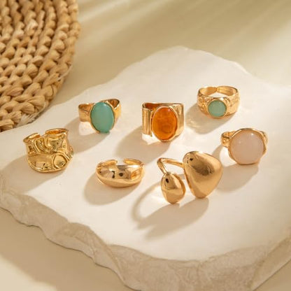 Chunky Gemstone Rings for Women Gold Silver Chunky Rings Set Adjustable Thick Statement Ring Trendy Fashion Silver Jewelry - style: BGold