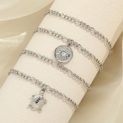 10 PCS Bracelets for Women Stainless Steel Chain Link Bracelet Set | 6.7 Inches with Extender, Jewelry Gifts for DIY, Chains Bulk, Oval, Curb, Figaro Chains, 18K Gold Plated, Silver, Chunky - color: Figaro Silver