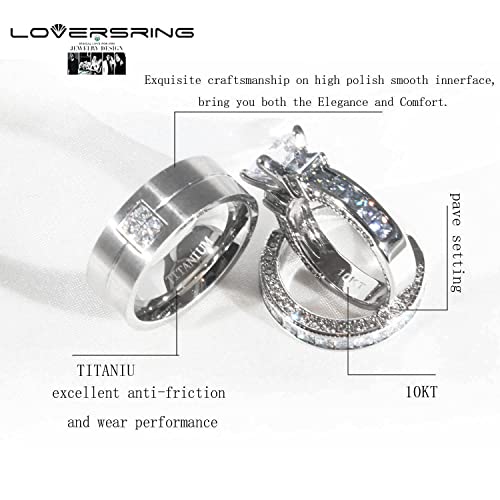Couple Ring Bridal Set His Hers White Gold Plated CZ Stainless Steel Wedding Ring Band Set - color: White, size: women's size 6& men's size 12