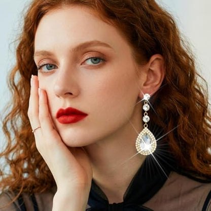 Catery Rhinestone Earrings Silver Crystal Teardrop Earrings Long Wedding Jewelry for Women - color: Gold