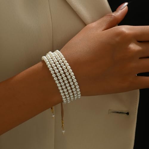Layered Faux Pearl Bracelet, Adjustable Cord Beaded Bracelet for Women | Layered Faux Pearls; Adjustable Cord; Lightweight; Stackable Style; Everyday Fashion Bracelet