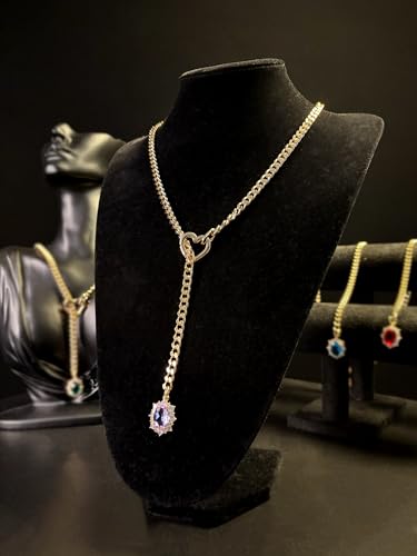 Women's Heart O-Ring Slip Chain Necklace, Double Layered Adjustable 39'' Cuban Chain with Detachable Heart Clasp and Colorful Rhinestone Pendant - color: 25'' Gold-Amethyst Purple