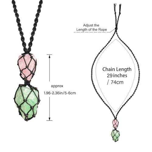 Anjiucc Handmade Crystal Cage Holder with Raw Gemstone Pendant Necklace Natural Stone Healing Crystal Necklace Adjustable Length - color: Green Fluorite+Rose Quartz