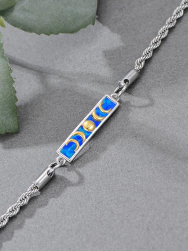 Waves/Tree of Life/Mushrooms/Moon Phase/Butterfly/Hummingbird Bracelet/Anklet 925 Sterling Silver Adjustable Abalone Shell Bar Bracelet/Anklet Summer Jewelry Gifts for Women - color: Moon Phase-Blue Opal, size: Bracele 7"+2"