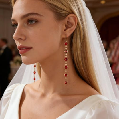 Ruby Crystal Dangle Earrings Red Rhinestone Tassel Drop Earrings Long Cz Chain Tassel Earrings Gold Huggie Hoop Earrings Ruby Wedding Earrings - color: Red