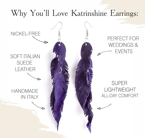 Leather Feather Earrings, Suede layered earrings, boho wedding jewelry, summer earrings, gift for her, dangle earrings - color: purple