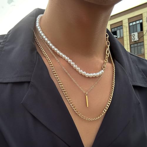 Layered Gold Necklaces for Women Stackable Pearl Paperclip Chain Necklaces Adjustable Dainty Bar Pendant Necklaces Trendy Everyday Jewelry Gifts - color: Gold
