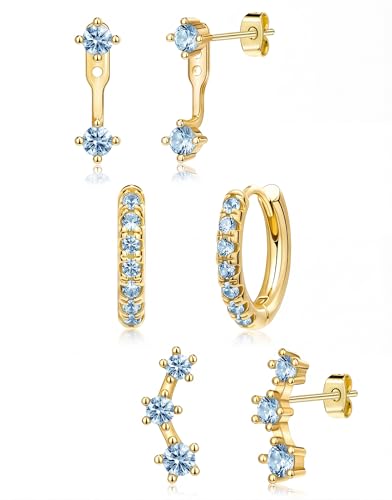 3 Pairs Dainty Small Earrings Set for Women Trendy, Birthstone Stud Huggie Hoop Jacket Stack for Cartilage Helix, Gold Plated Hypoallergenic Cute Women Fashion Accessories Western Jewelry Gifts - color: 12Blue Created Topaz-Dec (Gold)
