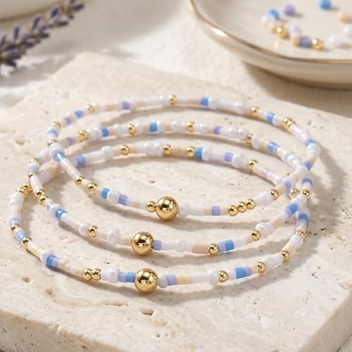 Dainty Gold Plated Tiny Ball Colorful Beaded Stack Bracelets Sets for Women,3Pcs Stackable Cute Bracelet Stretch Trendy Ball Jewelry Friendship Gift - color: lake-blue