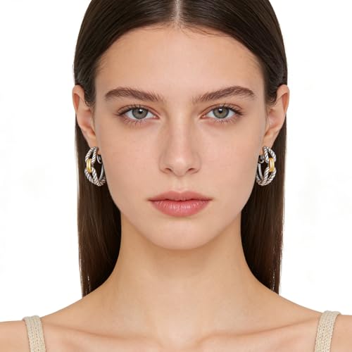 Clip on Earrings for Women Silver and Gold Plated Twisted Rope Hoops Non Pierced C Hoop Earring Lightweight Two Tone Clips Mixed Metal Jewelry Gifts - color: Eternity Hoop-silver&gold