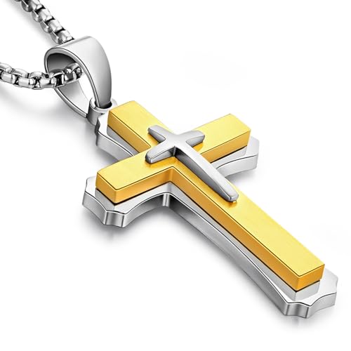 Men's Cross Necklace 316L Stainless Steel Large Heavy Cross Pendant for Men Polished Jewelry Rolo Chain with 22'' 24'' 26'' - color: D-silver and gold-tone, size: 24 inch