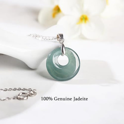 Real Green Jade Pendant Necklace for Women Donut/Heart/Clover/Teardrop/Rose/Lotus Flowers Genuine Jadeite Jewelry with Gold Plated 925 Sterling Silver Chain - style: Small Round Silver Necklace