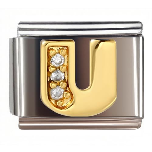 9MM Diamond Golden Letter Charm for Italian Charm Bracelet,DIY Italian Module Chain for Women - style: Letter-U