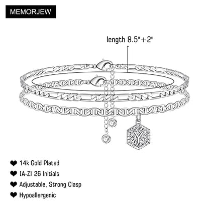 Memorjew Ankle Bracelets for Women, 14K-Gold-Plated Initial A-Z Anklet | Figaro Chain Layered 14K-Gold-Plated Hexagon Letter Anklets for Women, Summer Foot Chain Jewelry Gifts, Ankle Bracelets Gifts - style: Y-Silver-Plated