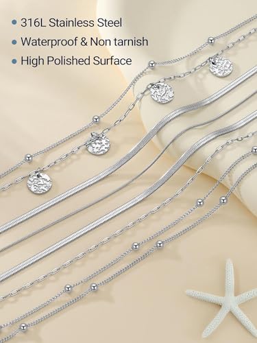 PROSTEEL Anklets for Women Waterproof, Silver/Gold/Black, Stainless Steel | Layered Anklets, Stainless Steel, Durable& No Tarnish, Summer Beach Jewelry, with Gift Box, 8-10.5" Adjustable, Plus Size - color: Silver, size: snake & paperclip