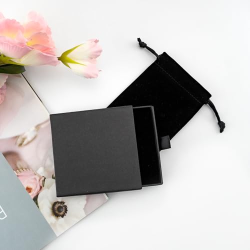 Quacc Small Jewelry Gift Box and Velvet Bag, Necklace Bracelet Earring Cardboard Organizer Square Jewellery Gift Box Pendent Storage Case for Birthday Xmas Christmas Wrapping (Black) - color: Black
