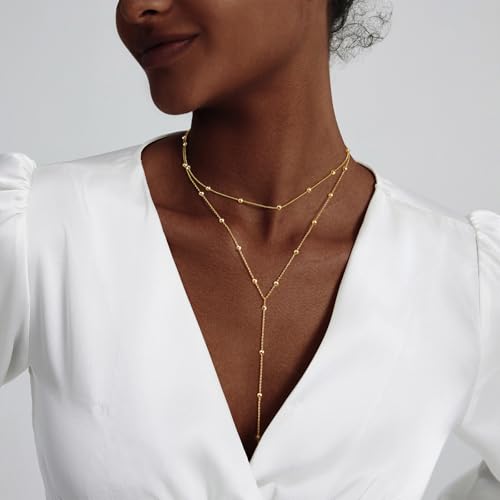 Luxval Lariat Silver Necklace for Women, Dainty Long Necklace Silver Y-Shaped Pendant Necklaces Trendy Beaded Chain Drop Necklaces Jewelry for Women Gifts - color: Gold-Bead Layered