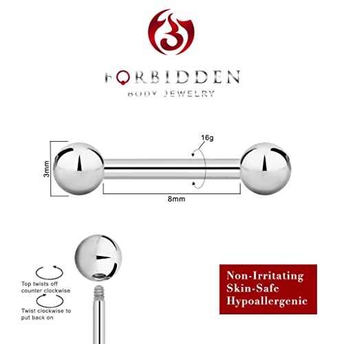 Forbidden Body Jewelry nipple barbell, nipple bars, silver nipplerings piercing Surgical Steel 8g - 18g Straight Barbell Body Jewelry (Sold Individually) - style: 16G 8mm (5/16") 3mm Balls
