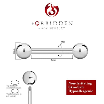 Forbidden Body Jewelry nipple barbell, nipple bars, silver nipplerings piercing Surgical Steel 8g - 18g Straight Barbell Body Jewelry (Sold Individually) - style: 16G 8mm (5/16") 3mm Balls