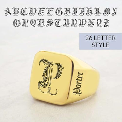 Custom Signet Ring for Men Personalized Initial Ring Custom Mens Rings Engraved Ring Customized Memorial Graduation Gifts for Father Husband Boyfriend Friends - color: Square Gold