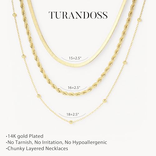 Turandoss Layered Necklaces for Women, 14K Gold Plated Chain Necklace Stack | Non Tarnish Gold Necklaces for Women, Toggle Clasp Herringbone Rope Satellite Cuban Link Chain Necklace, Trendy Jewelry Gifts - color: herringbone+satellite+rope-1