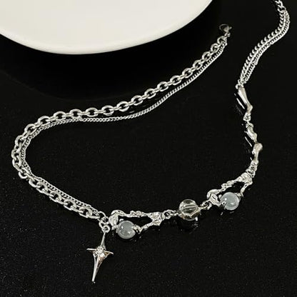 Gothic Cross Star Necklace For Men Women Silver Stainless Steel Cuban Link Paperclip Figaro Bead Chain Punk Kpop Y2k Goth Irregular Layered Cross Pendant Necklace Non Tarnish Jewelry Gift - color: Silver M