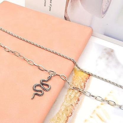 2PCS Boho Layered Snake Chain Ankle Bracelet Set for Women,Adjustable Chunky Snake Pendant Paperclip Chain Ankle Bracelet Trendy Beach Jewelry