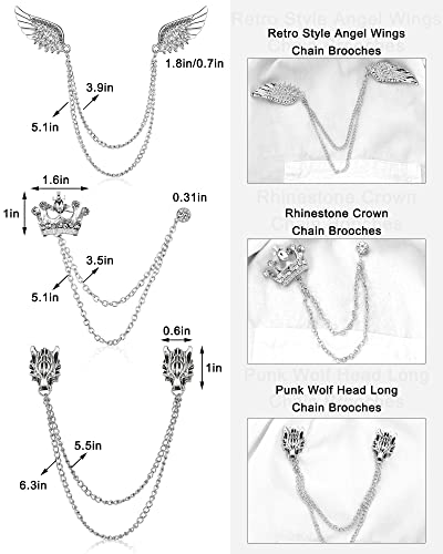 6 Pieces Men's Tassel Chain Brooch Collar Pins Wedding Brooches Collar Pins Wings Wolf Head Crown Lapel Suit Shirt Tuxedo Accessories for Wedding Anniversary Birthday Party Gift Business Office