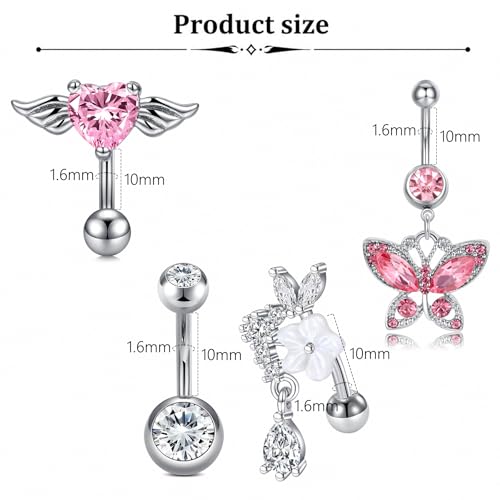 Belly Button Rings Stainless Steel 14G CZ Opal Navel Rings Barbells Women Girls Belly Piercing Jewelry - color: Silver Color-Style C: 4PCS