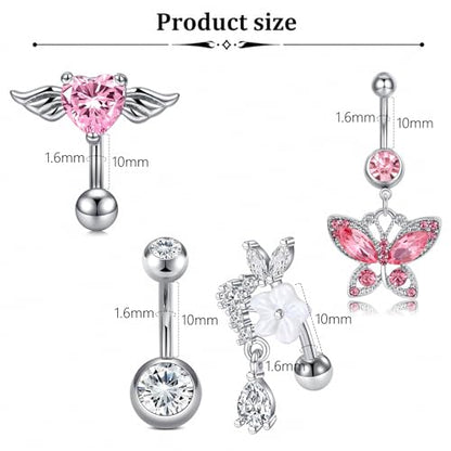 Belly Button Rings Stainless Steel 14G CZ Opal Navel Rings Barbells Women Girls Belly Piercing Jewelry - color: Silver Color-Style C: 4PCS