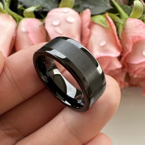 TUTISS 8mm Silver/Black/Gunmetal/Gold Tungsten Rings for Men Women Fashion Engagement Wedding Bands Matte Polished Pipe Cut Comfort Fit - color: 8mm Black Tungsten