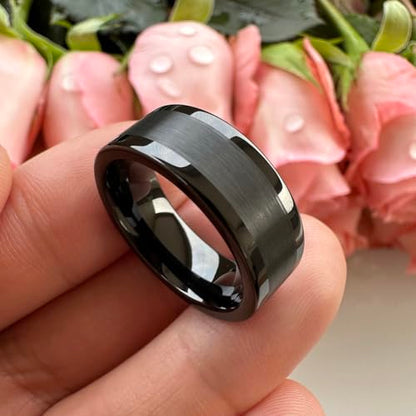 TUTISS 8mm Silver/Black/Gunmetal/Gold Tungsten Rings for Men Women Fashion Engagement Wedding Bands Matte Polished Pipe Cut Comfort Fit - color: 8mm Black Tungsten